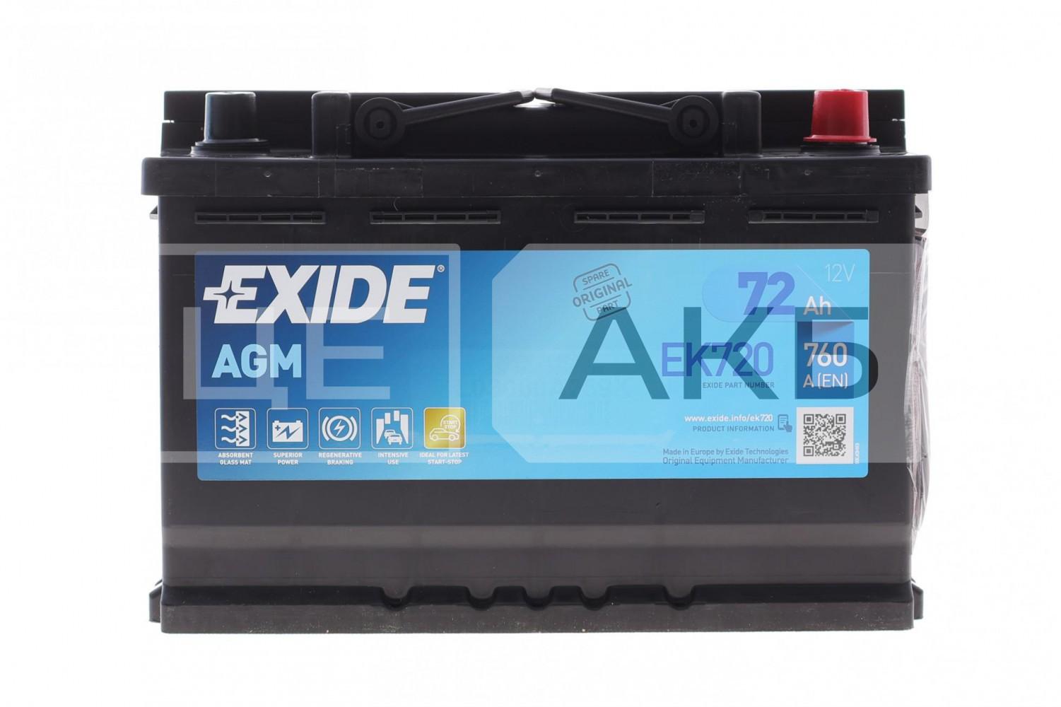 АКУМУЛЯТОР AGM 12V 72AH 760A R+  278*175*190MM EK720