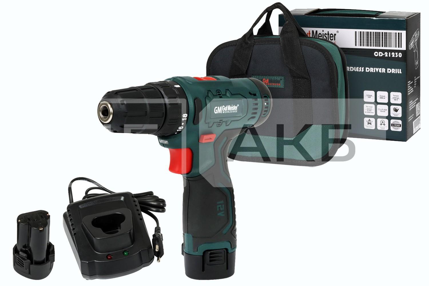 ДРИЛЬ-ШУРУПОВЕРТ АКУМУЛЯТОРНИЙ GUT MEISTER 12V 2Х1.5AH 25NM 18+1 0-350/0-1250 ОБ/ХВ ПАТРОН 10MM CD21230